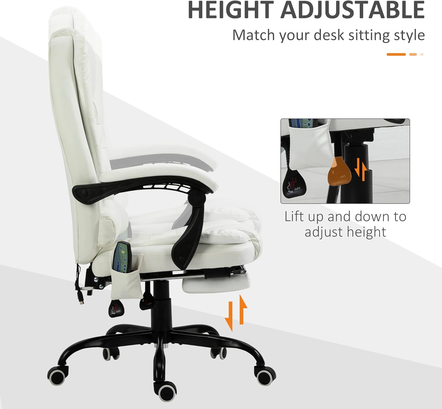 White PU Leather High Back Reclining Office Chair with Massage Foot Rest Heated X1476