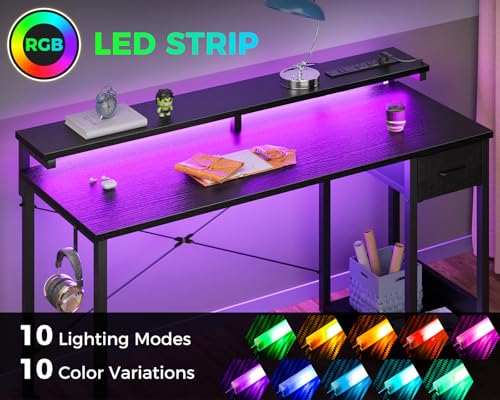 Black 40 Inch Computer Desk with LED Lights, Power Outlet, Drawer, Monitor Stand, Headphone Hook E557