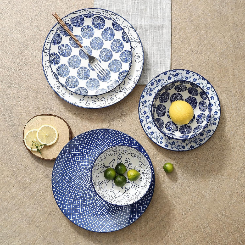 10 inch Porcelain Dinner Plates 16-Pieces Dinnerware Set Vintage Blue O902116
