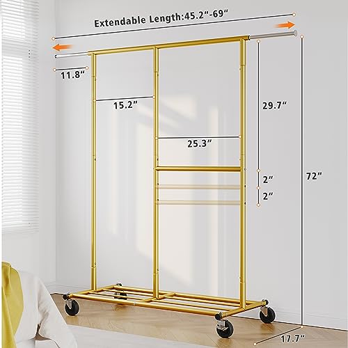 Gold Rolling Heavy Duty Clothes Rack with Wheels 17.7" D x 69.1" W x 71.9" H N184764