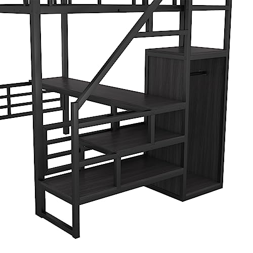 Full Size Metal Loft Bed with Desk and Storage Stairs Y425
