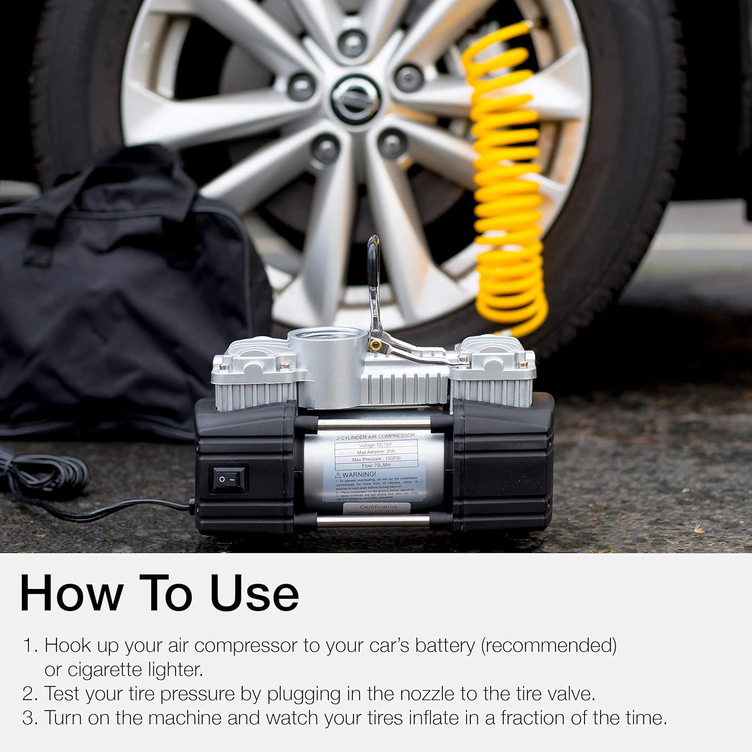12V 150 PSI Portable Double Cylinder Air Compressor Tire Inflator D812558