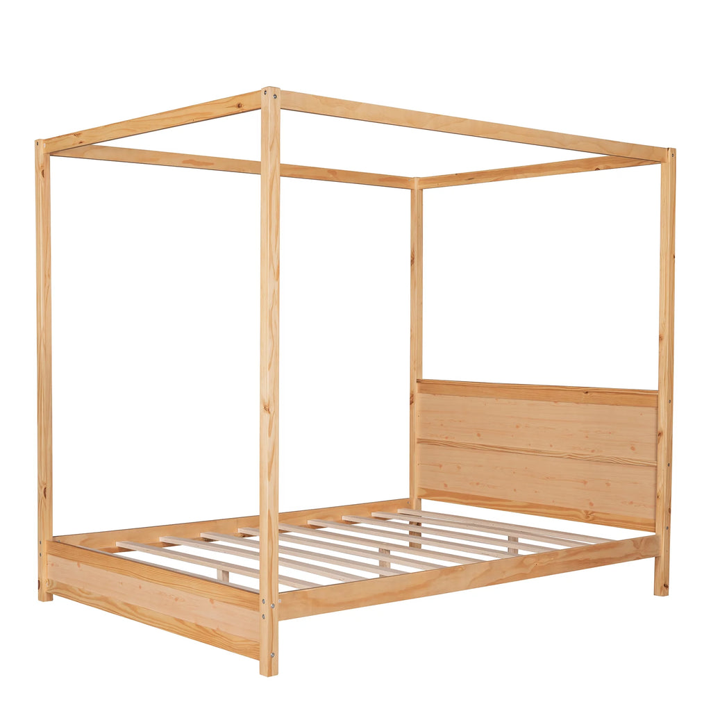 Wood Queen Size Canopy Platform Bed with Headboard O523336