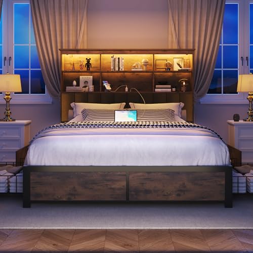 Rustic Grey Queen Bed Frame with Headboard, 4 Storage Drawers, Charging Station, LED N759