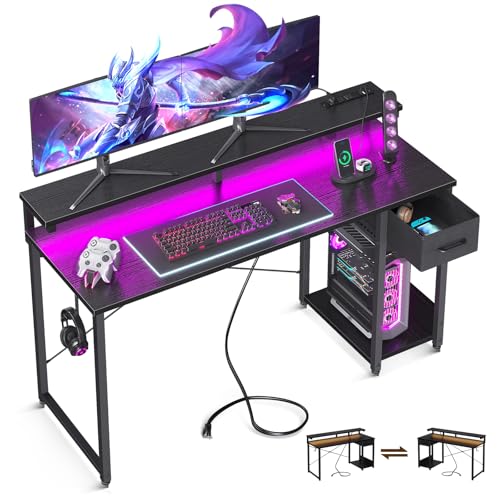 Black 40 Inch Computer Desk with LED Lights, Power Outlet, Drawer, Monitor Stand, Headphone Hook E557