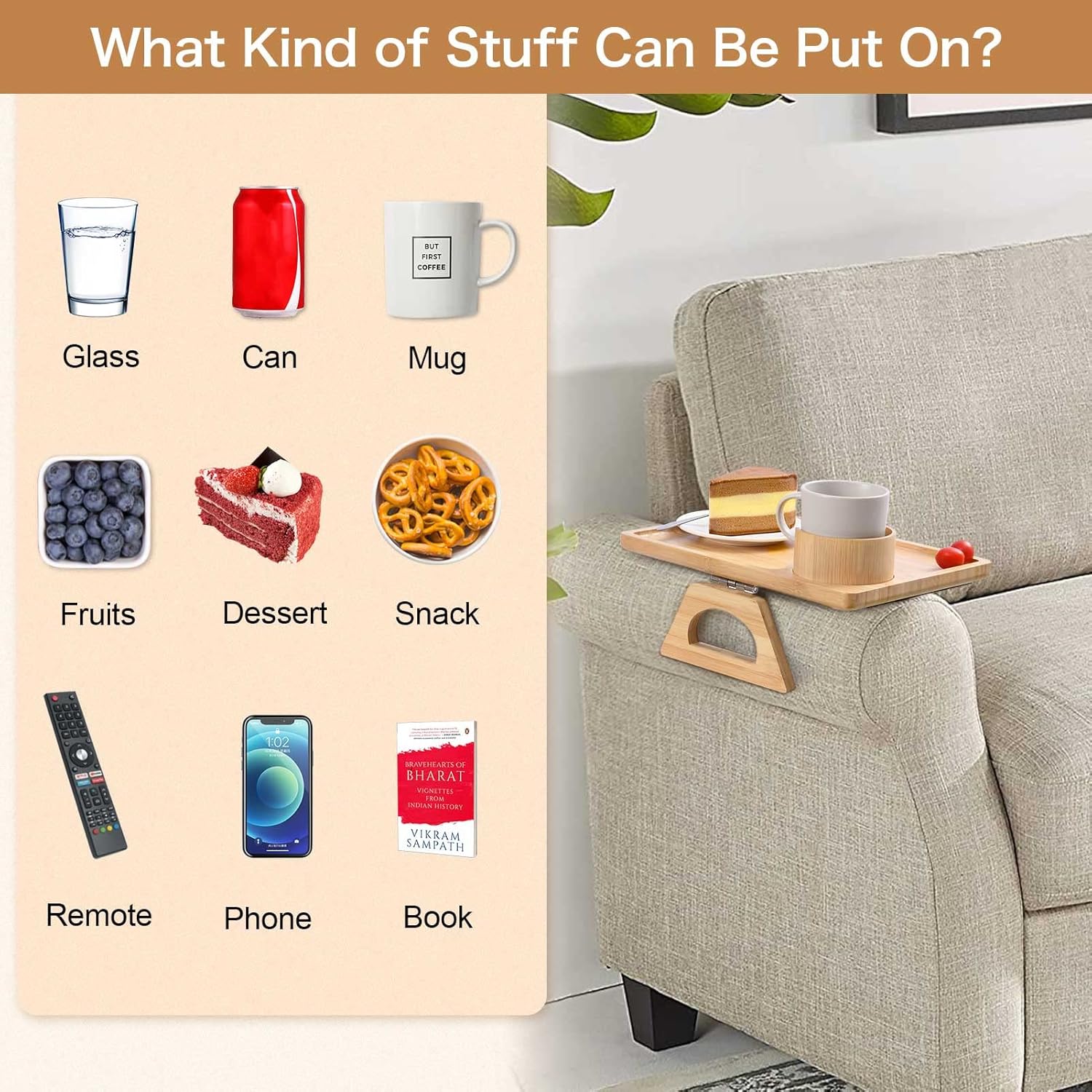 Sofa Arm Tray with Couch Cup Holder and 360° Rotating Phone Holder W240229