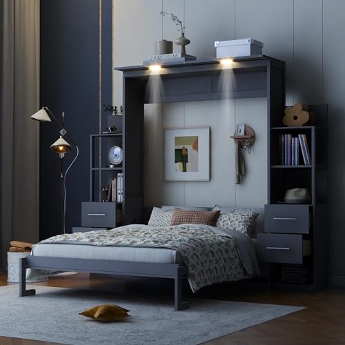 Gray Queen Murphy Bed with Storage Shelves, Drawers and LED Light, Wood Foldable Wall Bed Frame D469068
