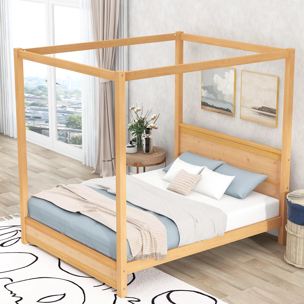Wood Queen Size Canopy Platform Bed with Headboard O523336