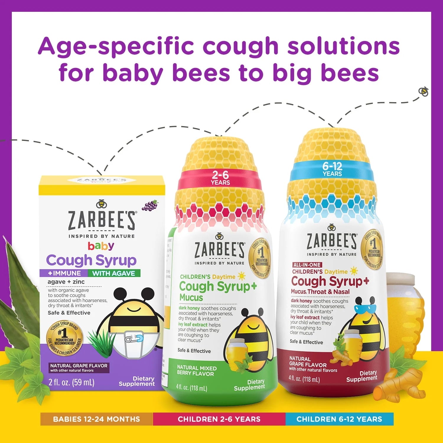 Kids Cough + Immune Daytime with Honey, Vitamin D & Zinc, Mixed Berry, 4FL Oz I726