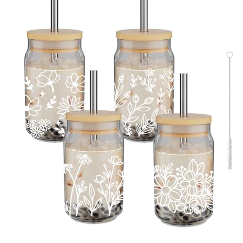 4 Pack 16oz Glass Cups with Bamboo Lids Straws D5323