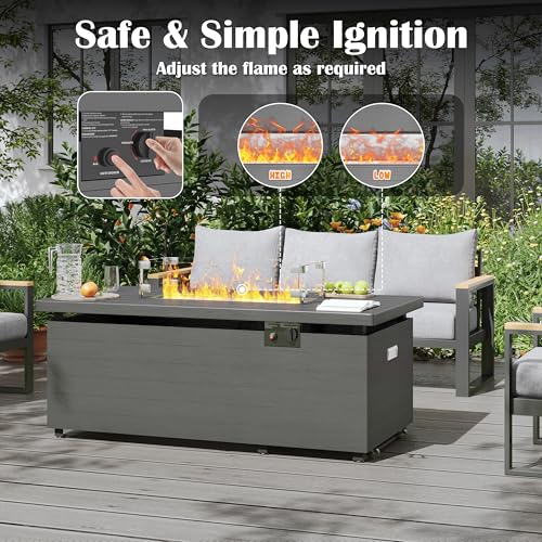 Gray Rectangle Propane Fire Pit Table with Glass Wind Guard, Rain Cover, Removable Lid B4938