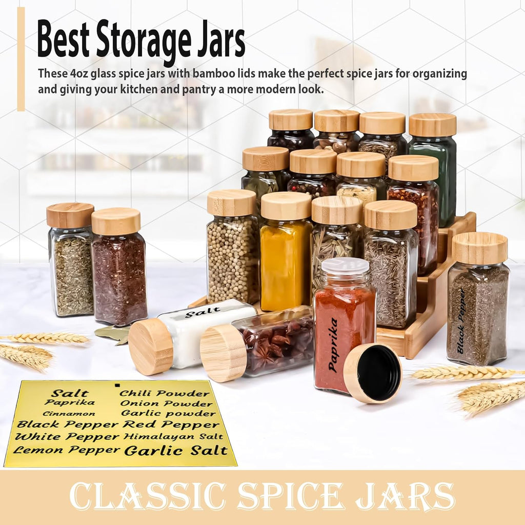 2 Pack 4 oz Clear Square Glass Spice Jars with Bamboo Airtight Lids and Shaker Lids V869