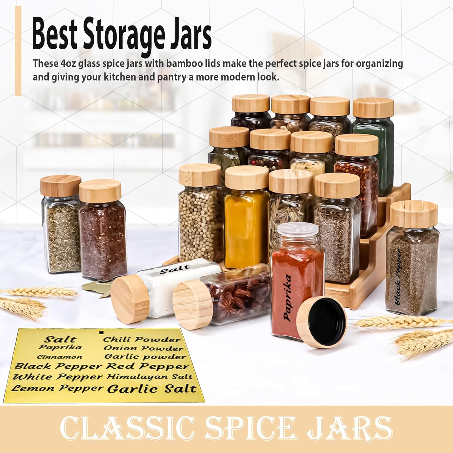 2 Pack 4 oz Clear Square Glass Spice Jars with Bamboo Airtight Lids and Shaker Lids V869