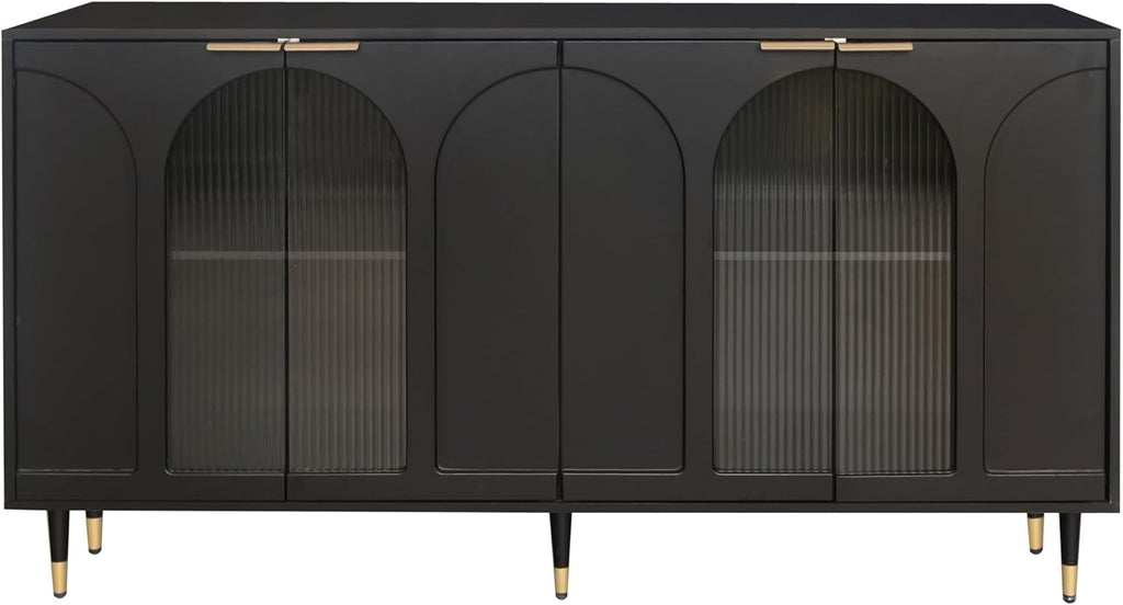 Black Lacquered Wood Buffet Cabinet with 4 Fluted Glass Doors and Metal Legs N3275