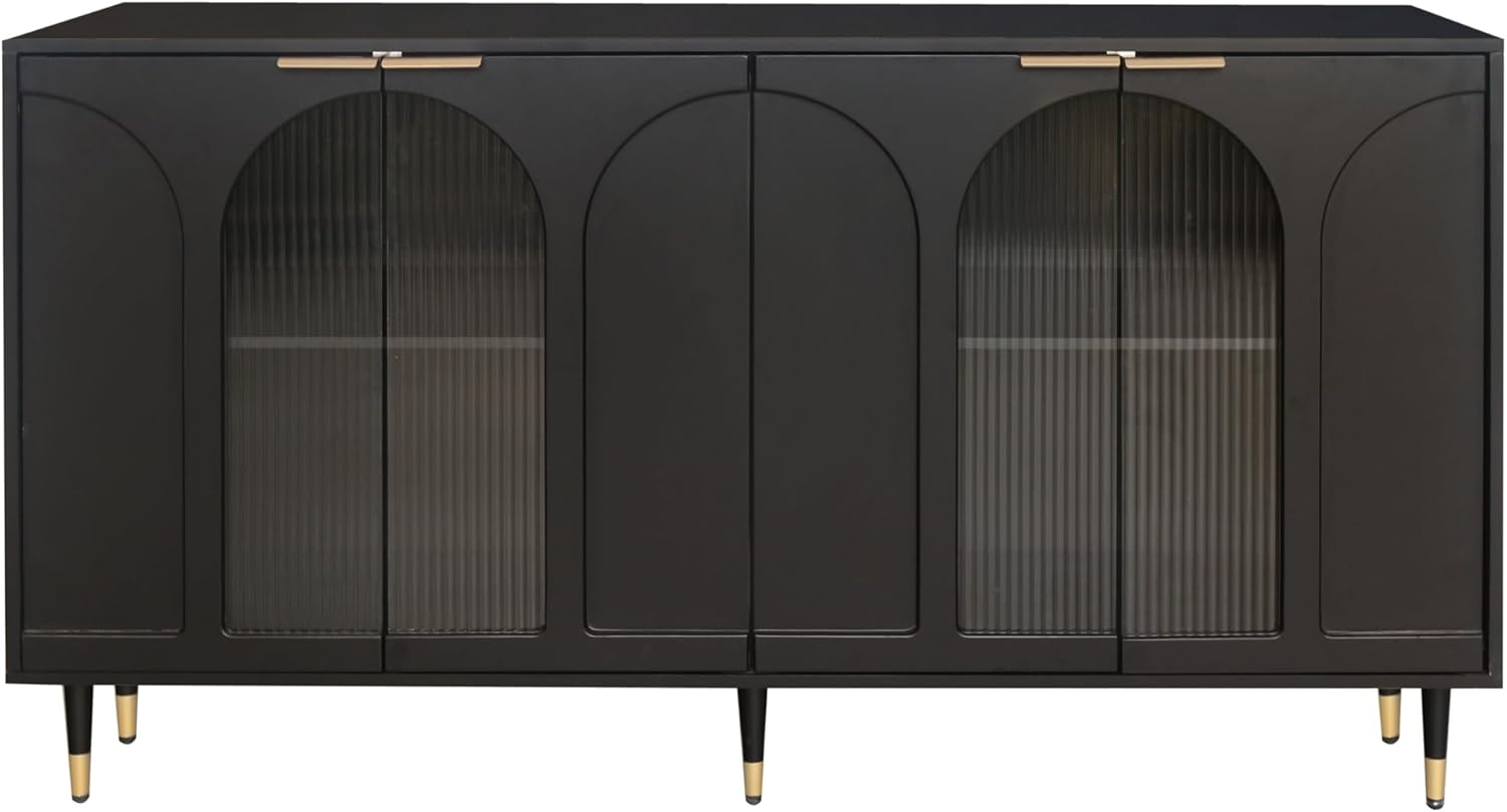 Black Lacquered Wood Buffet Cabinet with 4 Fluted Glass Doors and Metal Legs N3275
