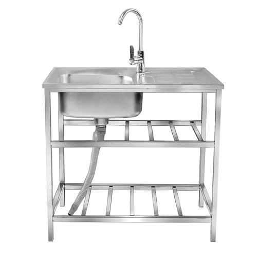 Stainless Steel Single Bowl Outdoor Utility Sink with Storage Shelves E263512