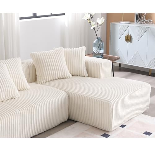 White Striped Corduroy Upholstered 4 Seater Modular Sectional Sofa N1464