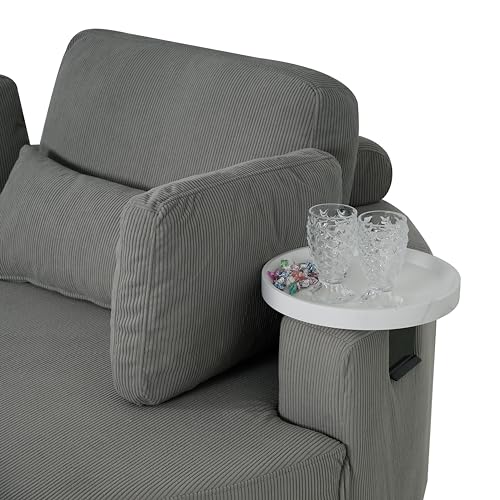 Oversized Corduroy Accent Barrel Chair with Adjustable Headrest, 4 Pillows, Storage Ottoman & Removable Tray U109