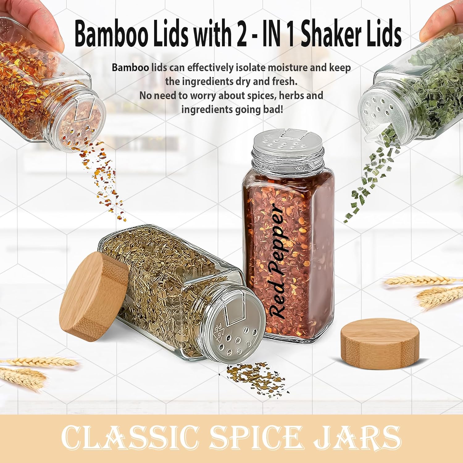 2 Pack 4 oz Clear Square Glass Spice Jars with Bamboo Airtight Lids and Shaker Lids V869