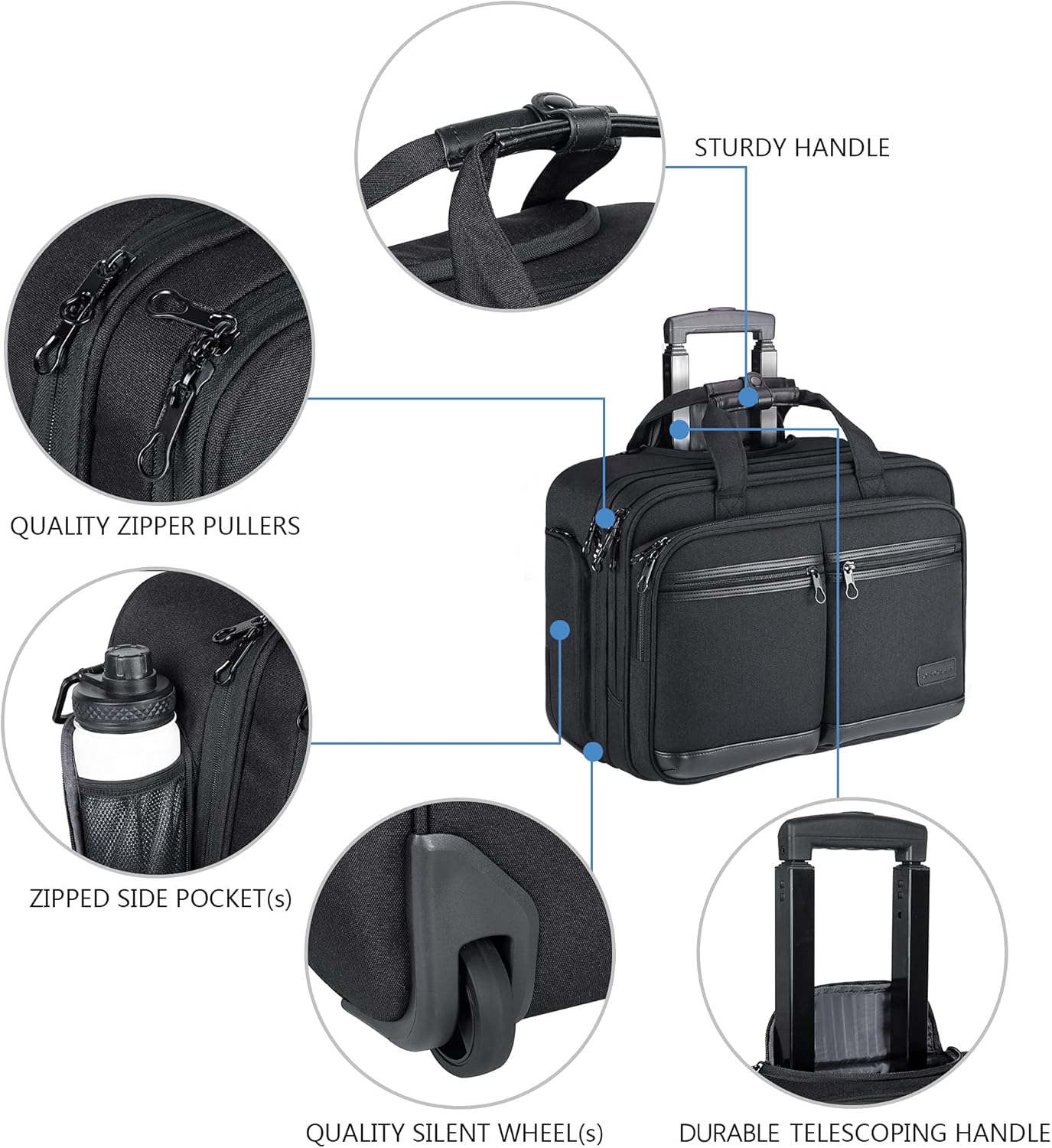 Black Rolling Laptop Bag with RFID Pockets F614048