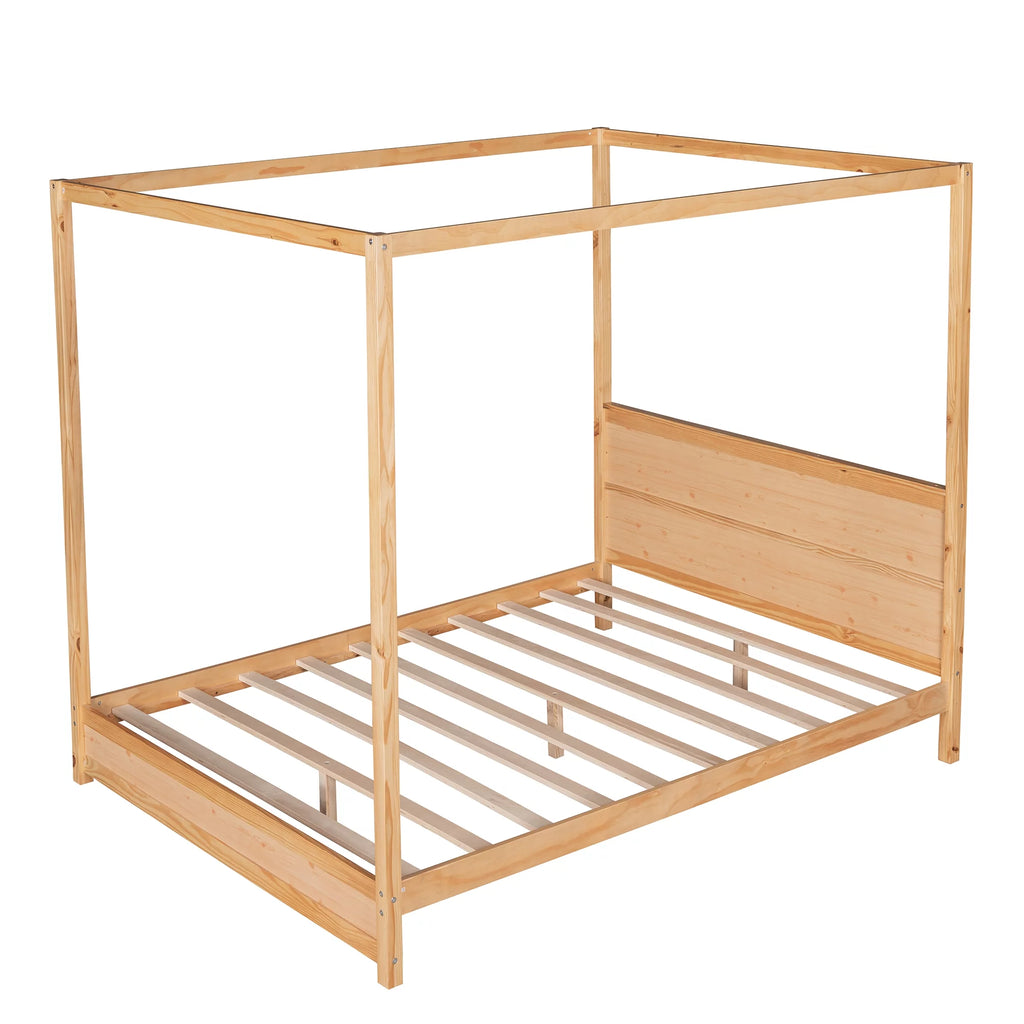Wood Queen Size Canopy Platform Bed with Headboard O523336