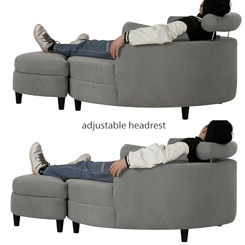 Oversized Corduroy Accent Barrel Chair with Adjustable Headrest, 4 Pillows, Storage Ottoman & Removable Tray U109