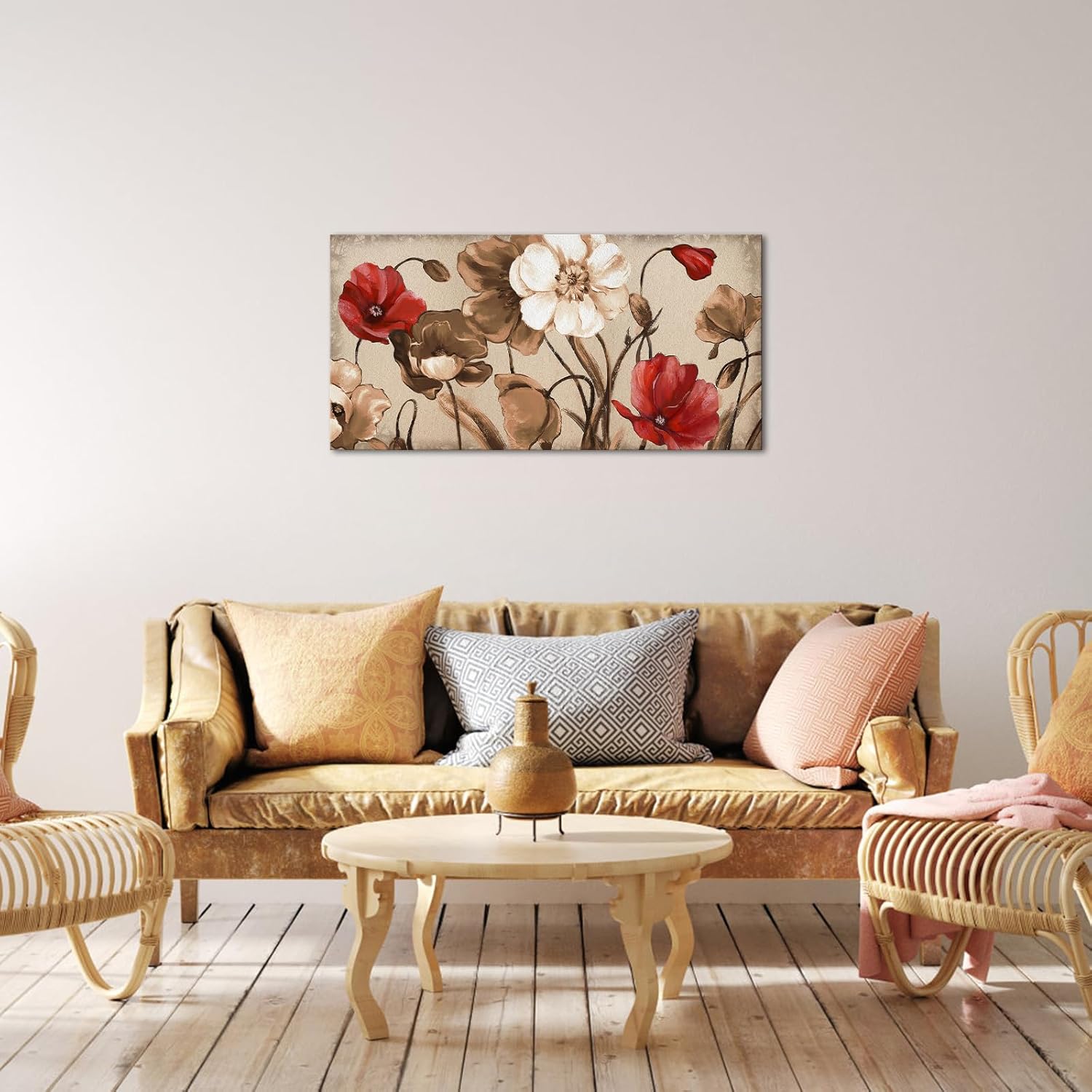 Red and Brown Flowers Painting on Canvas Vintage Wall Art D2902