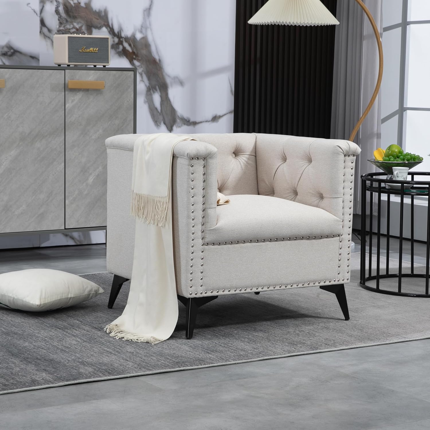 Beige Linen Fabric Accent Arm Chair O63948