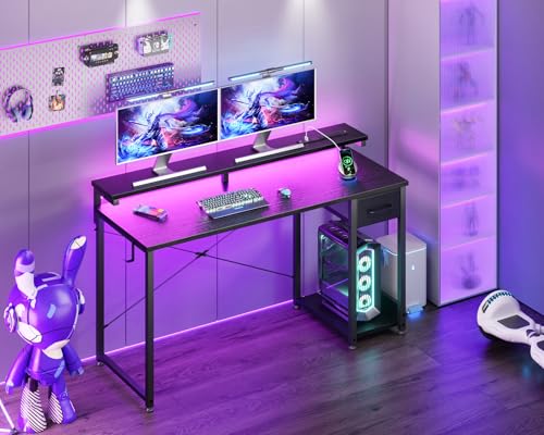 Black 40 Inch Computer Desk with LED Lights, Power Outlet, Drawer, Monitor Stand, Headphone Hook E557