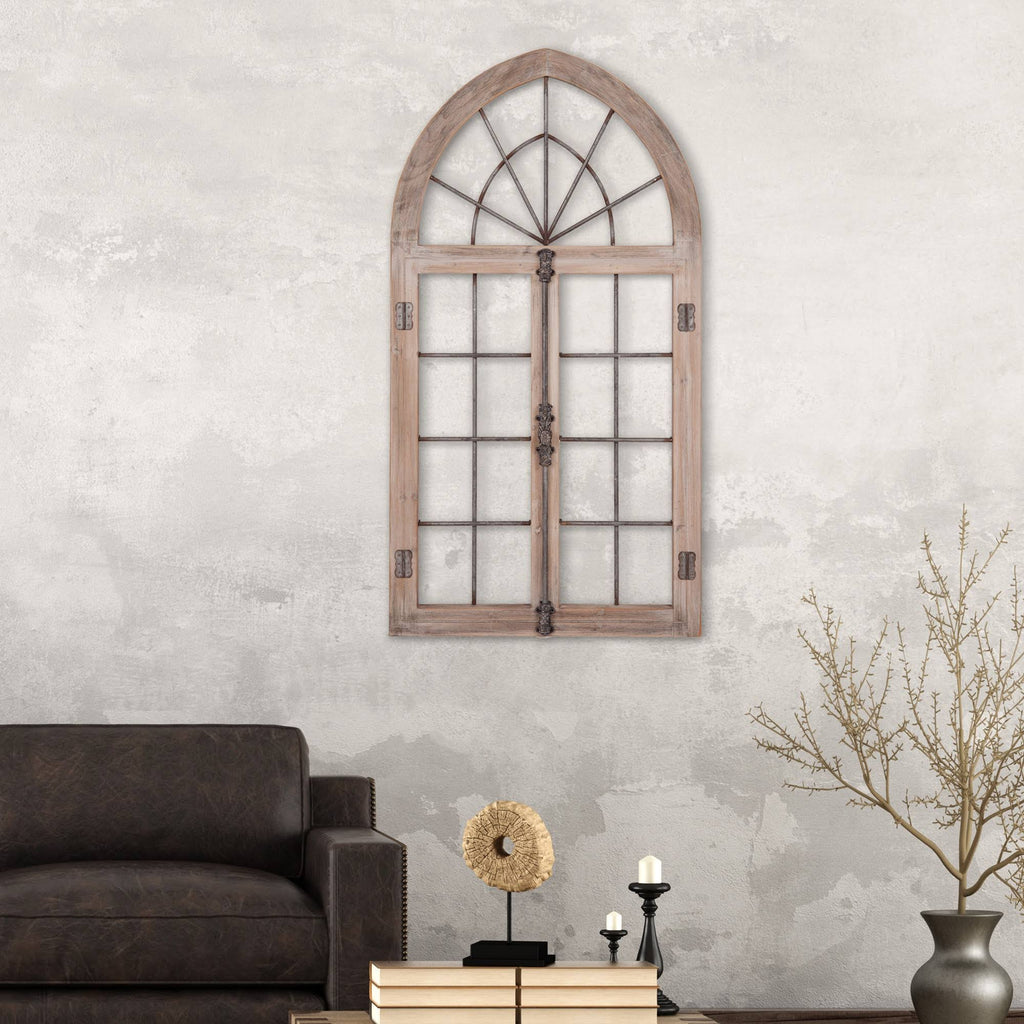 Distressed Gray Arched Cathedral Window Frame Wall Décor J758