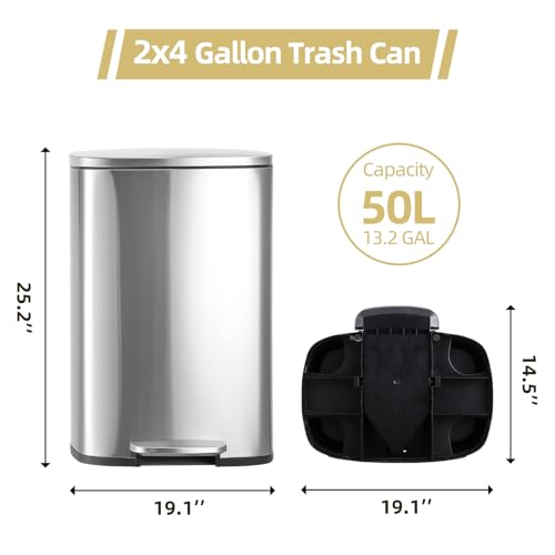 50L 13 Gallon Stainless Steel Step Trash Can with Soft-Close Lid I729