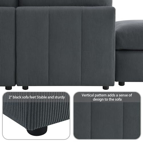 Dark Grey Corduroy 5-Seat L Sectional Sofa with 2 Ottomans O11454