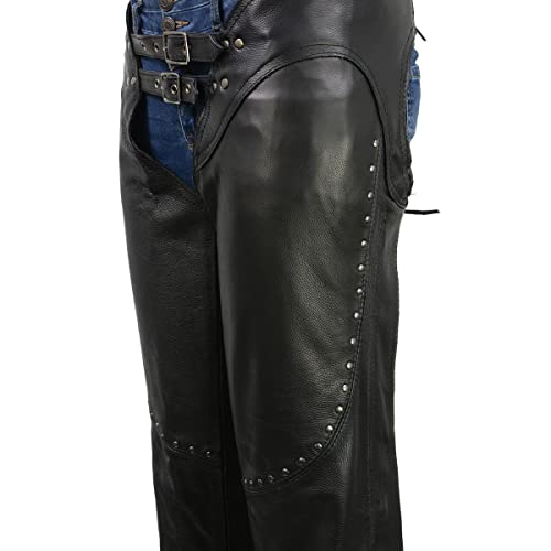 Black Low-Rise Waist Front Double Buckle Rivet Detailing Motorcycle Chaps G317