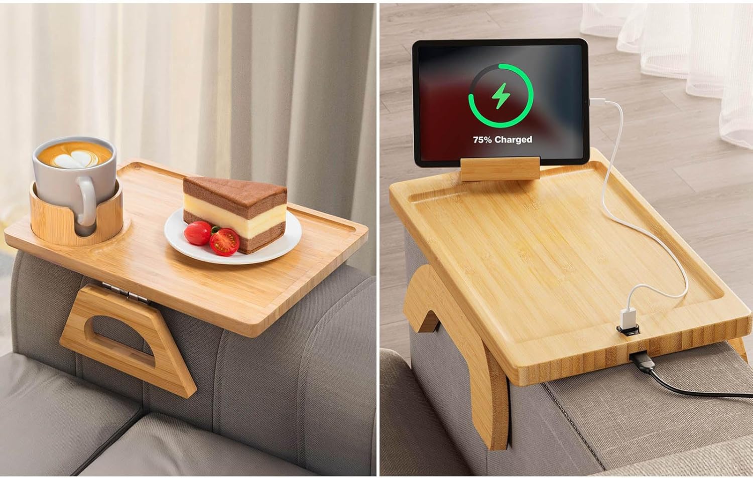 Sofa Arm Tray with Couch Cup Holder and 360° Rotating Phone Holder W240229