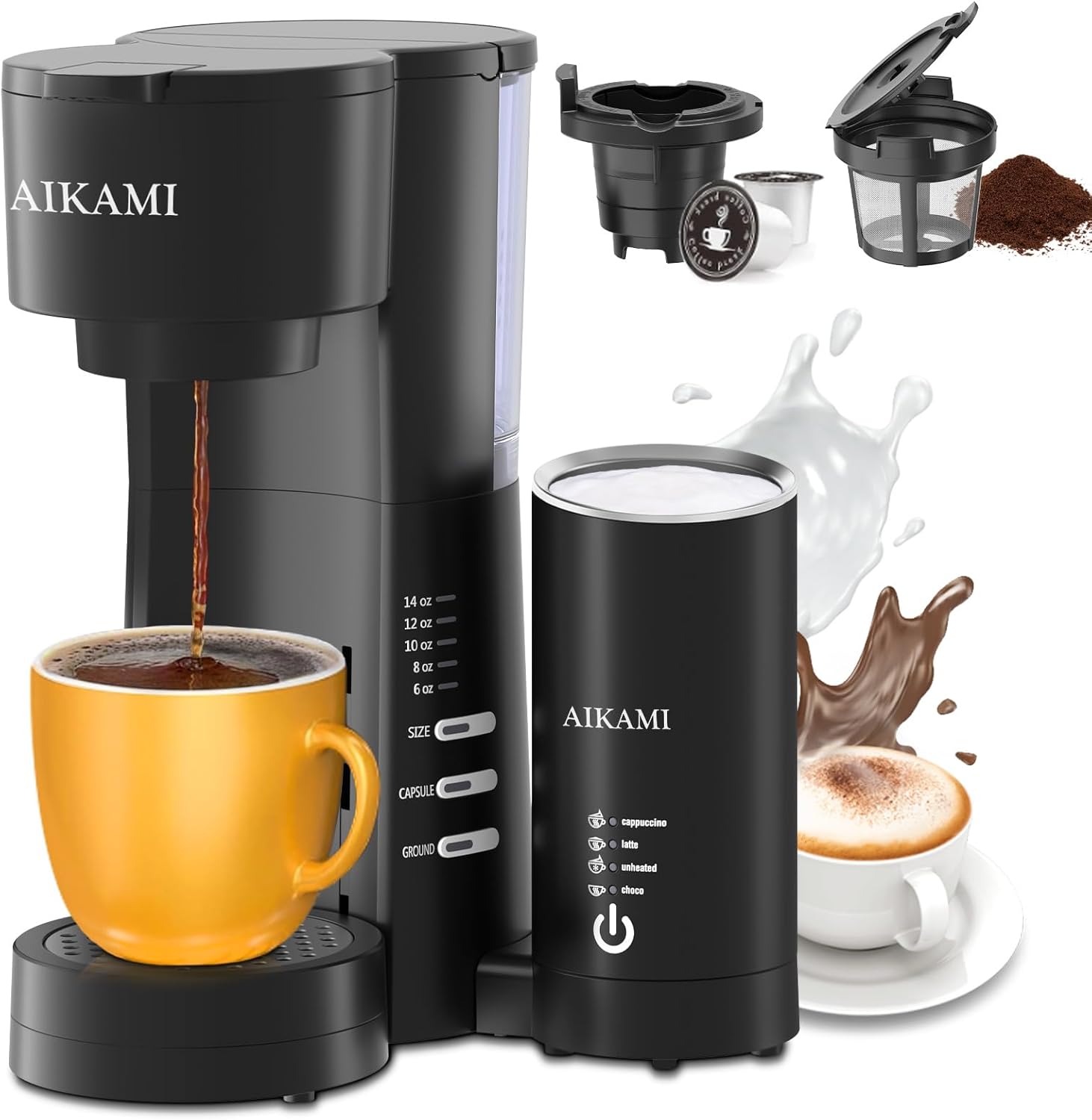 Single Serve Coffee Maker with Milk Frother, 6 to 14 Oz Brew Sizes, Clear Water Reservoir G9405