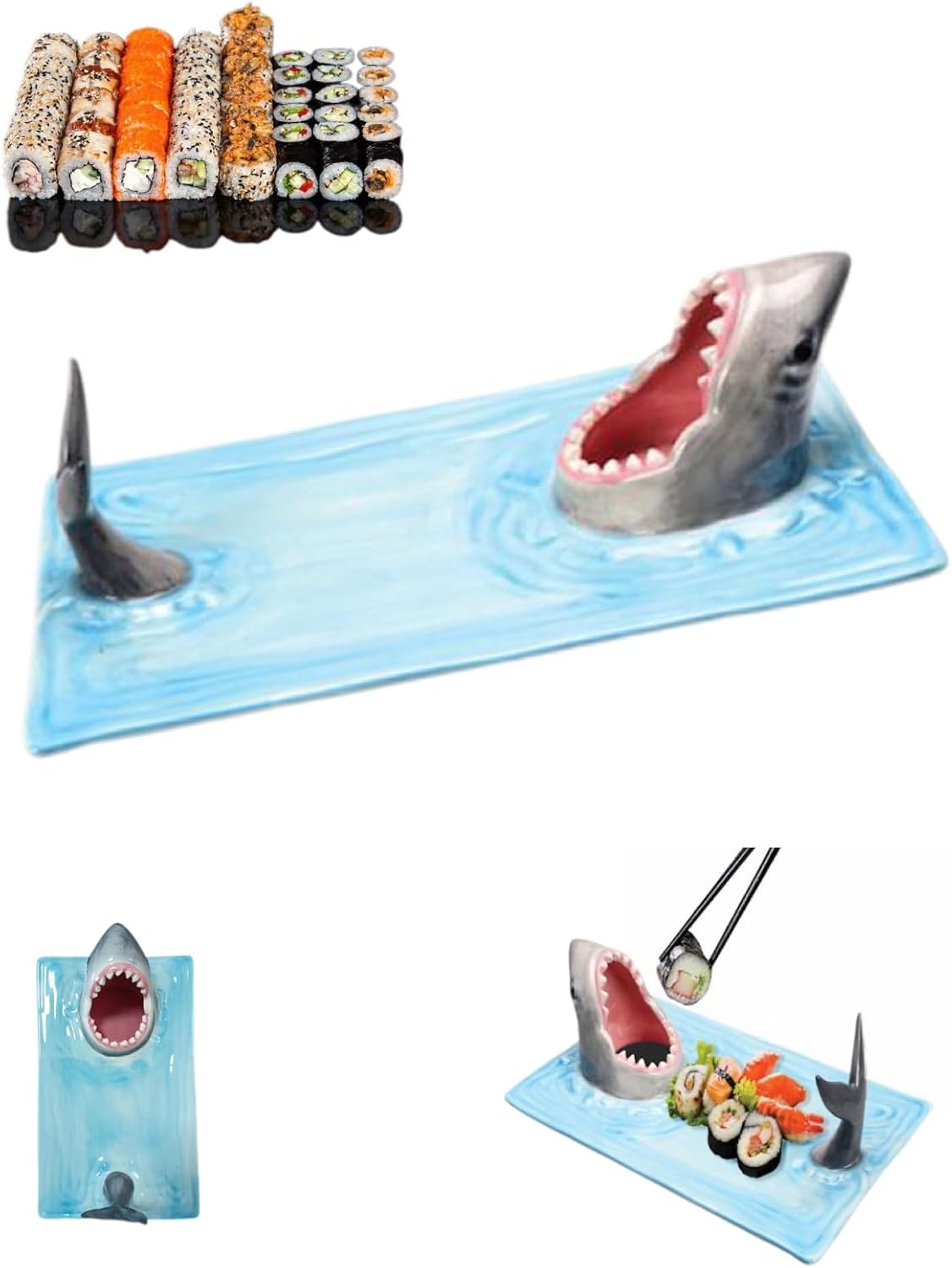 Shark Plate With Sauce Compartment, Handmade Ceramic Sushi Platter S6704