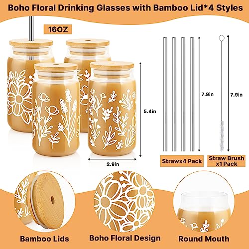 4 Pack 16oz Glass Cups with Bamboo Lids Straws D5323