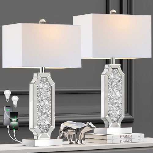 Set of 2 Dimmable Touch Silver Mirrored Bedside Table Lamps with USB Ports L1801