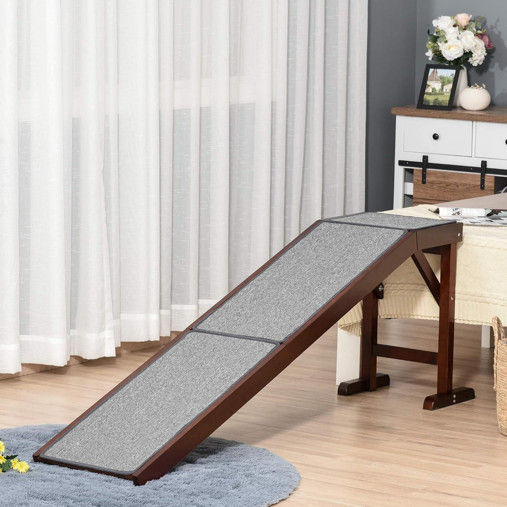 Non-Slip Carpet Top Pine Wood Pet Ramp, Brown Grey G7234
