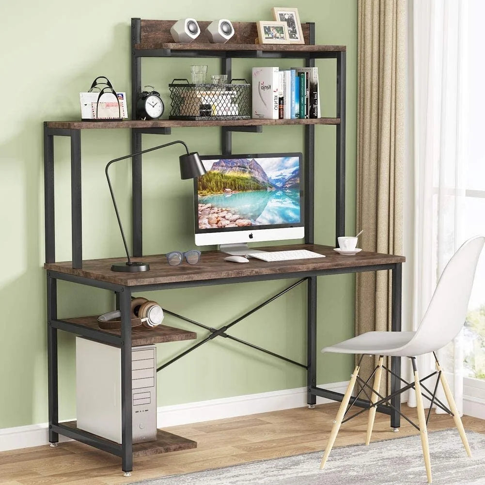 Black Medium Computer Desk with Storage Hutch Shelf C57655