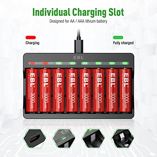 8 Pack Rechargeable AA Lithium Batteries 1.5V 3000mWh with Charger F67343
