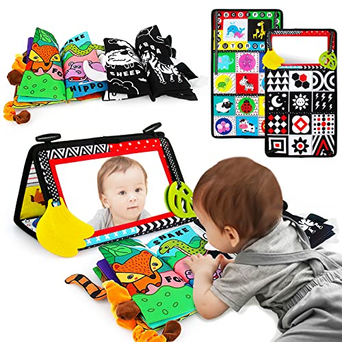 Tummy Time Mirror with Soft Crinkle 3D Cloth Book and Teethers Toys, Black and White Sensory Toys P17668