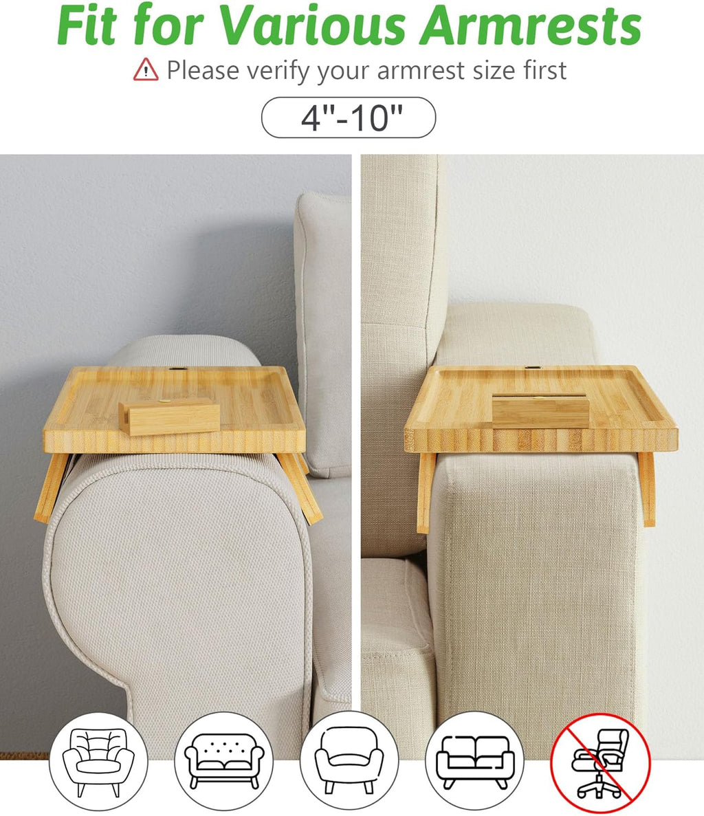 Sofa Arm Tray with Couch Cup Holder and 360° Rotating Phone Holder W240229
