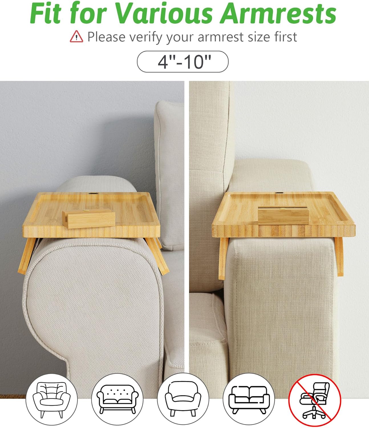 Sofa Arm Tray with Couch Cup Holder and 360° Rotating Phone Holder W240229