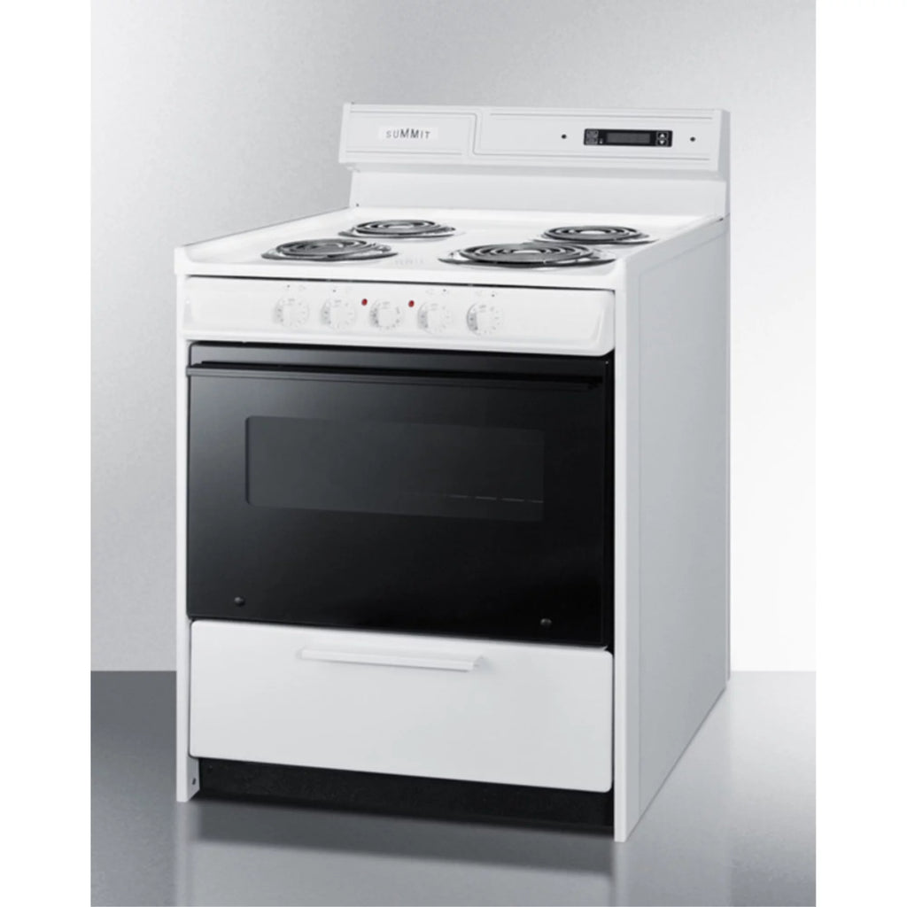30 inch wide electric coil top range in white with black door F857800