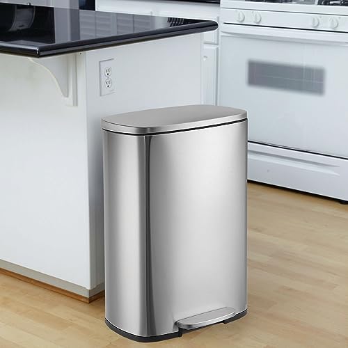 50L 13 Gallon Stainless Steel Step Trash Can with Soft-Close Lid I729