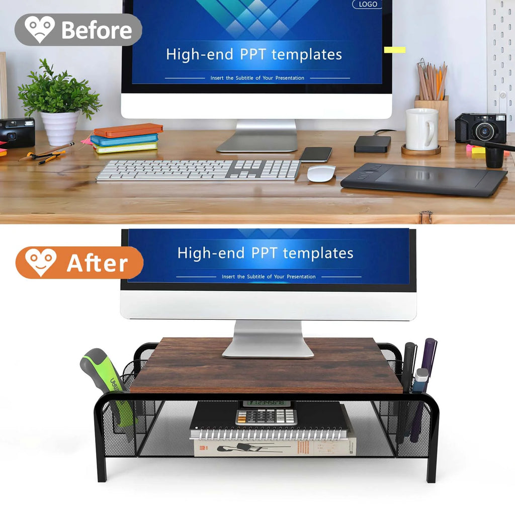 Brown Desk Monitor Stand Riser with Drawer E744730