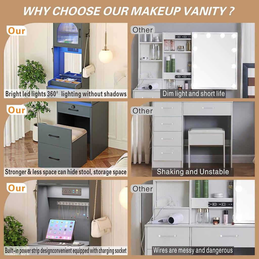 Grey Vanity Desk with Mirror and Lights and Drawers O8286