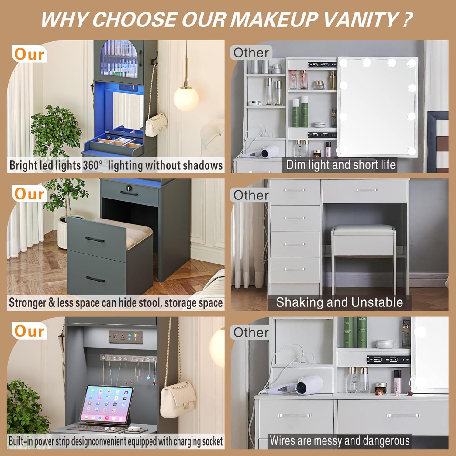 Grey Vanity Desk with Mirror and Lights and Drawers O8286