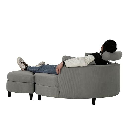 Oversized Corduroy Accent Barrel Chair with Adjustable Headrest, 4 Pillows, Storage Ottoman & Removable Tray U109